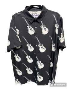 White guitars on black shirt, smart look, great for music lovers and musicians